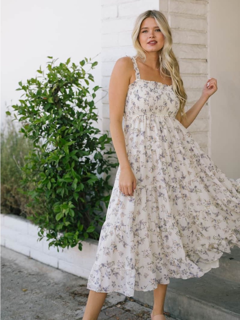 Morning Lavender Cream Floral Smocked Maxi Dress